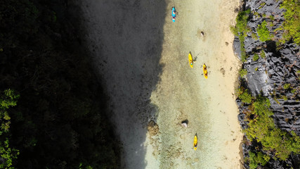 canoe in lagoon in aerial view in philippines