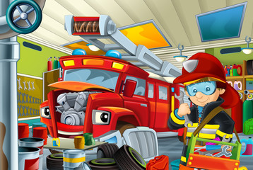 Cartoon mechanic workshop with fire truck and fireman repairing car- illustration for the children