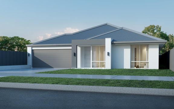 View of modern house in Australian style on blue sky background,Contemporary residence design. 3D rendering.