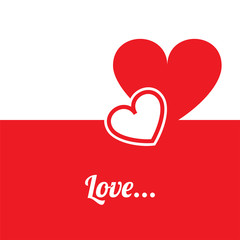 Vector illustration two hearts, red and white background and word Love. Subject of love, love, engagement, wedding and happy family life