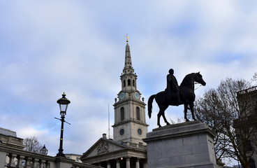 St Martin in the Fields church and Trafalgar Square with George IV equestrian statue. London,...