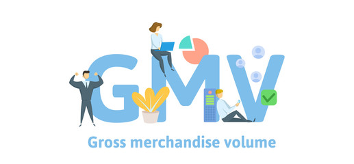 GMV, Gross Merchandise Volume. Concept with keywords, letters and icons. Colored flat vector illustration. Isolated on white background.