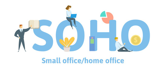 SOHO, Small Office - Home Office. Concept with keywords, letters and icons. Colored flat vector illustration. Isolated on white background.