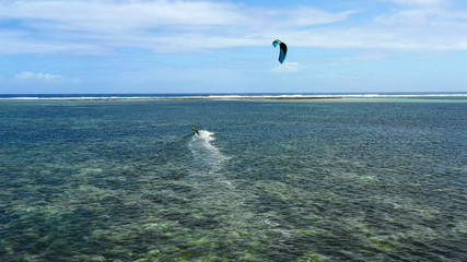 kite surf on a lagoon in aerial view, Philippines