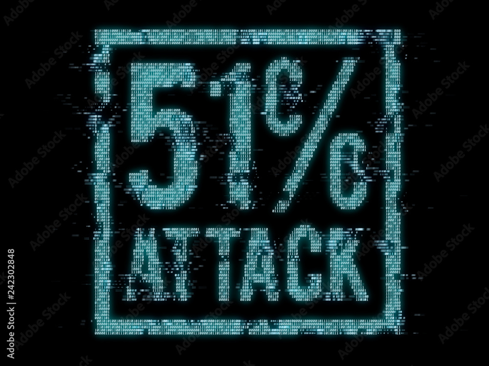 Poster 51% attack on blockchain futuristic binary text glowing in the dark