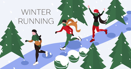  Isometric flat 3d illustration winter running .Girls and women run in winter  park. Snowing, cold weather. Winter sport uniform: buff, jersey, sneakers. Girl listening to music and to do jogging