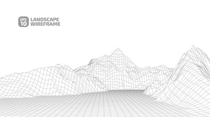 Abstract wireframe background. 3D grid technology illustration landscape. Digital Terrain Cyberspace in the Mountains with valleys. Data Array. | EPS10 Vector.