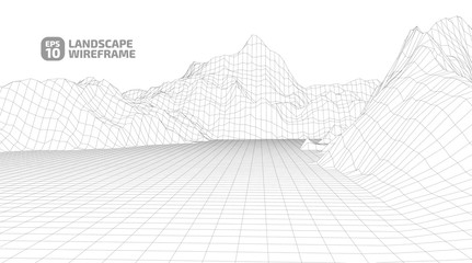 Abstract wireframe background. 3D grid technology illustration landscape. Digital Terrain Cyberspace in the Mountains with valleys. Data Array. | EPS10 Vector.