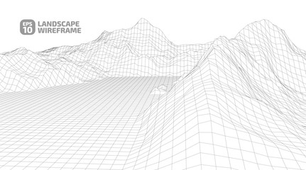 Abstract wireframe background. 3D grid technology illustration landscape. Digital Terrain Cyberspace in the Mountains with valleys. Data Array. | EPS10 Vector.