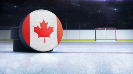 hockey puck with Canada flag side cover on ice rink with spectators background, hockey arena indoor 3D render as national illustration background © LeArchitecto