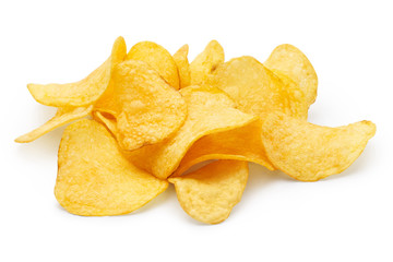 Delicious potato chips, isolated on white background