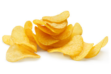 Delicious potato chips, isolated on white background