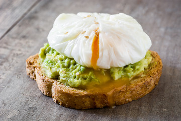 Close up avocado toast with poached egg on wooden table