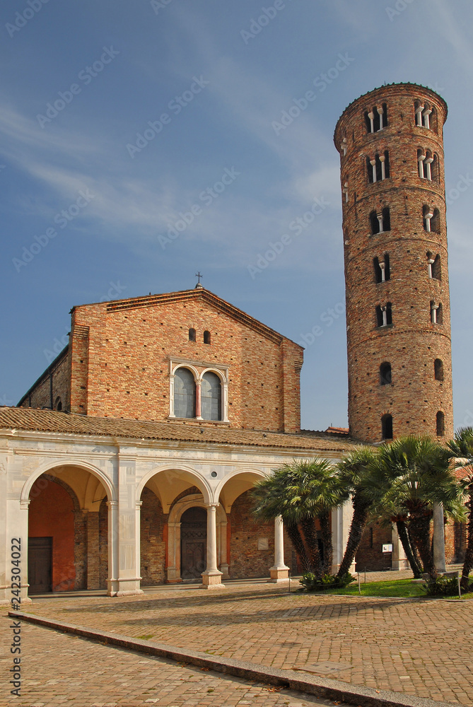 Poster Italy, Ravenna, Basilica of New Saint Apollinare with the round bell tower. 