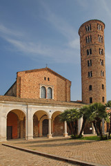 Italy, Ravenna, Basilica of New Saint Apollinare with the round bell tower. 