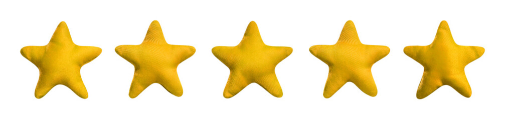 Five yellow plush stars, isolated on white background