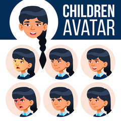 Asian Girl Avatar Set Kid Vector. Primary School. Face Emotions. User, Character. Kids, Positive. Comic, Web. Cartoon Head Illustration