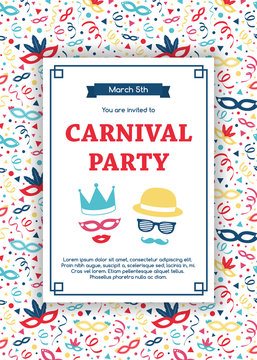 Concept of Carnaval Party invitation with decorative pattern. Vector