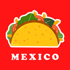 Traditional mexican taco. Spicy delicious tacos with beef or chicken, meat sauce, green salad and red tomato. Taco logo for restaurant or cafe design. Mexican food. Vector illustration.
