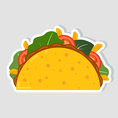 Traditional mexican taco. Spicy delicious tacos with beef or chicken, meat sauce, green salad and red tomato. Taco logo for restaurant or cafe design. Mexican food. Vector illustration.