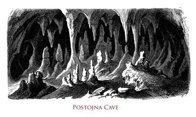 Vintage engraving of Slovenian Postojna cave, long karst cavern created by the Pivka River. - obrazy, fototapety, plakaty
