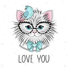 Cute festive cat with romantic inscription. Vector illustration.