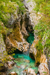 Scenic view of Great Canyon of Soca river near Bovec, Slovenia at summer day