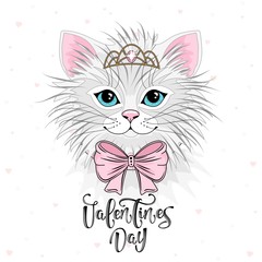 Cute festive cat with romantic inscription. Vector illustration.