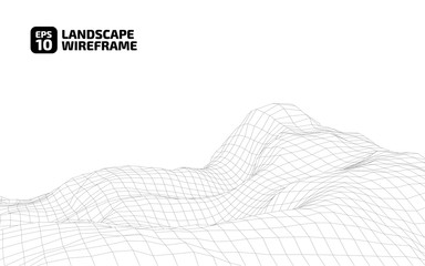 Abstract wireframe background. 3D grid technology illustration landscape. Digital Terrain Cyberspace in the Mountains with valleys. Data Array. | EPS10 Vector.