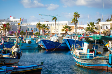 Fototapeta na wymiar Boats in a fishing port in Mahdia, Tunisia.