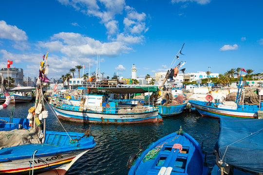 Fototapeta Boats in a fishing port in Mahdia, Tunisia.
