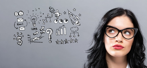 Business strategy ideas with young businesswoman in a thoughtful face