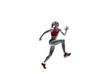 Fototapeta na wymiar The one caucasian female silhouette of runner running and jumping on white studio background. The sprinter, jogger, exercise, workout, fitness, training, jogging concept.