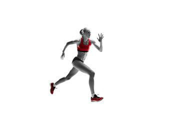 Fototapeta na wymiar The one caucasian female silhouette of runner running and jumping on white studio background. The sprinter, jogger, exercise, workout, fitness, training, jogging concept.