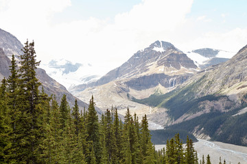 River Running Through Wooded Valley Between Snowy Mountains In Alaska