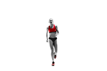 The one caucasian female silhouette of runner running and jumping on white studio background. The sprinter, jogger, exercise, workout, fitness, training, jogging concept.