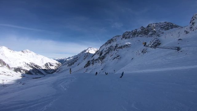 Winter time in Alps and skiers. Stubaier Gletscher . 