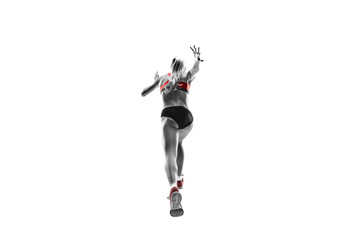 Fototapeta na wymiar The one caucasian female silhouette of runner running and jumping on white studio background. The sprinter, jogger, exercise, workout, fitness, training, jogging concept. Back view of woman