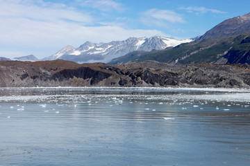 Obraz premium Ice Floating On Lake Surface With Mountains In Background In Alaska