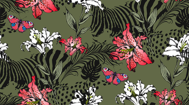 Pattern of lily and animal texture. Vector illustration. Suitable for fabric, wrapping paper and the like