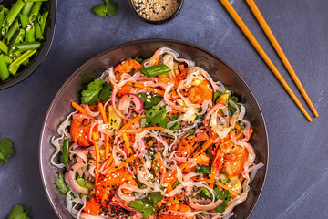 Asian salad with rice noodles, shrimp and vegetables.