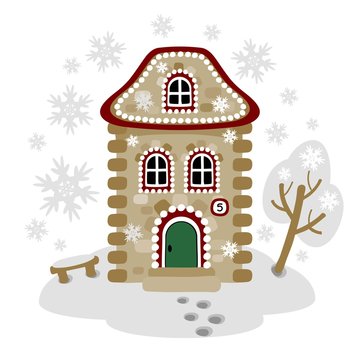 Winter card with gingerbread house. Vector image.