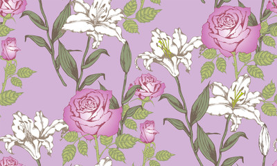 Pattern of lily and rose. Vector illustration. Suitable for fabric, wrapping paper and the like