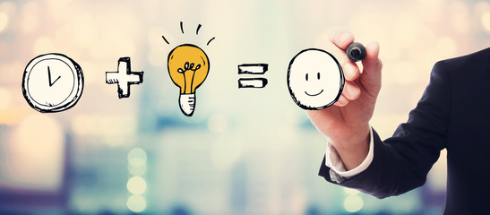 Time plus idea equals happy with businessman on blurred abstract background
