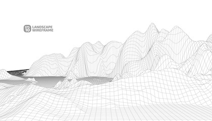 Abstract wireframe background. 3D grid technology illustration landscape. Digital Terrain Cyberspace in the Mountains with valleys. Data Array. | EPS10 Vector.