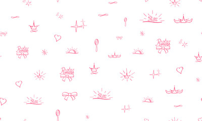 Seamless pattern Little Princess. Pink sketch, cute doodle baby elements. Princess concept. Childish background. Hand drown design for girl. Crown heart mirror sun stars princess. Vector illustration