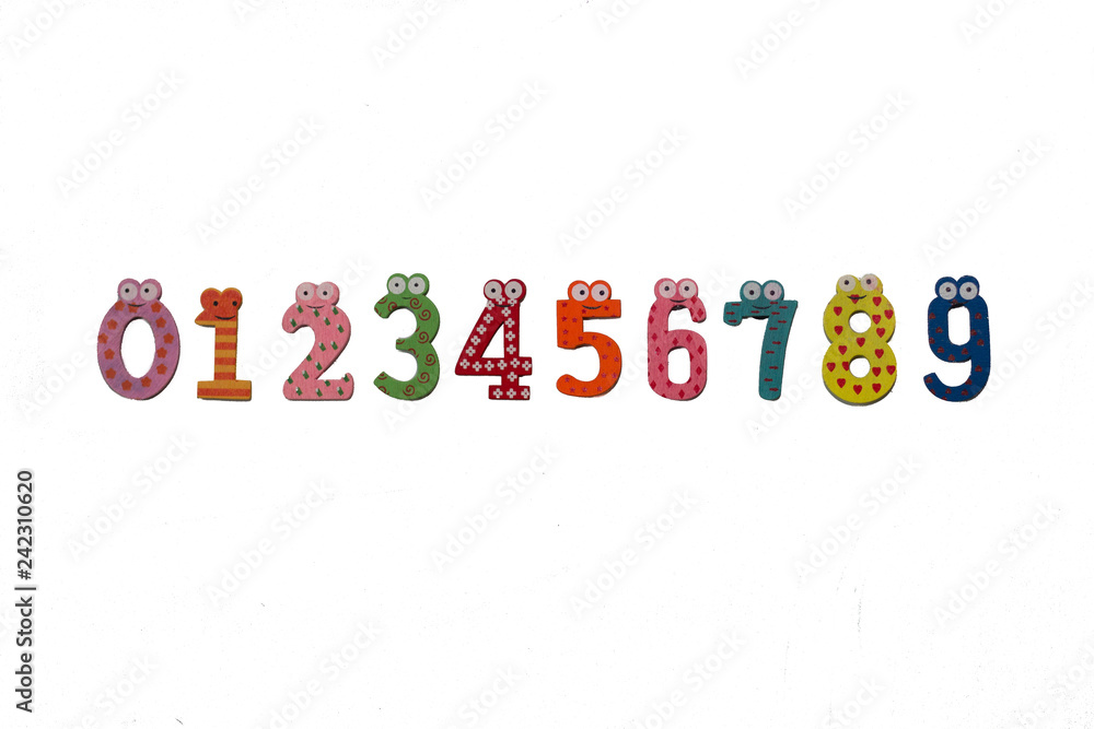 Fototapete multi-colored numbers from zero to nine are isolated on a white background. wooden figures. fun colo