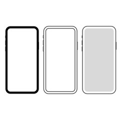 Set of 3 new slim smartphones vector icon isolated on white background. Black and white cellphone with a touchscreen. Outline icon of the modern mobile phone. Vector flat icons