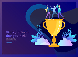 Business Team Success hold Golden winner cup, concept of people are happy with victory. Office Workers Celebrating with Big Trophy, ways goals, first place in business, financial growth. Landing page