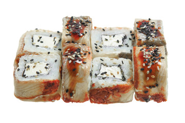 Sushi roll with eel, cheese and sesame. Isolated on white background.